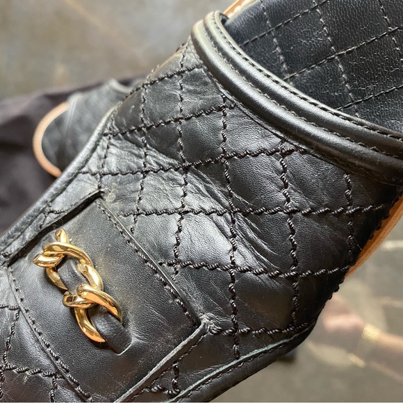 Chanel Black Quilted Leather Chain CC Detail Peep Toe Slingback Flats Size 37.5 - Picture 2 of 9